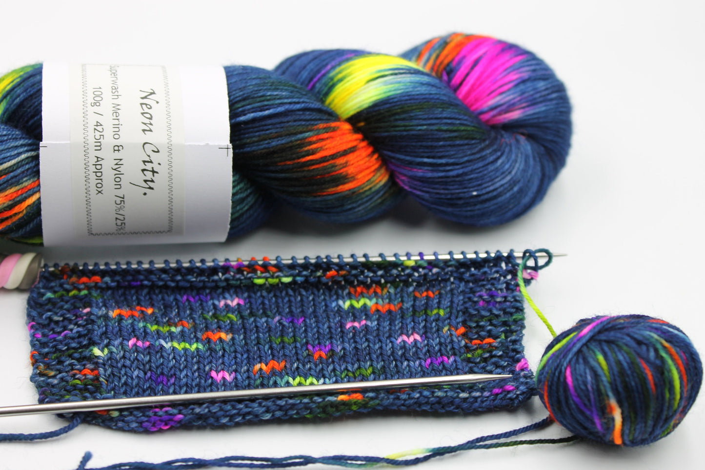 Neon City, Sock Skein 75% SuperWash Merino and 25 Nylon Hand Dyed Yarn 100g