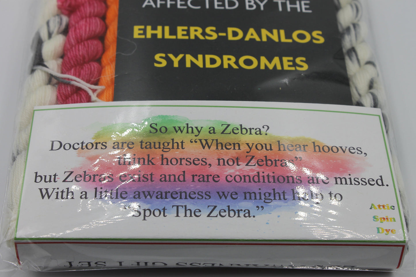 Rainbow Zebra Micro Skein Gift Set Sock 75% SuperWash Merino and 25 Nylon 10 x 10g with Spot The Zebra pin and EDS band