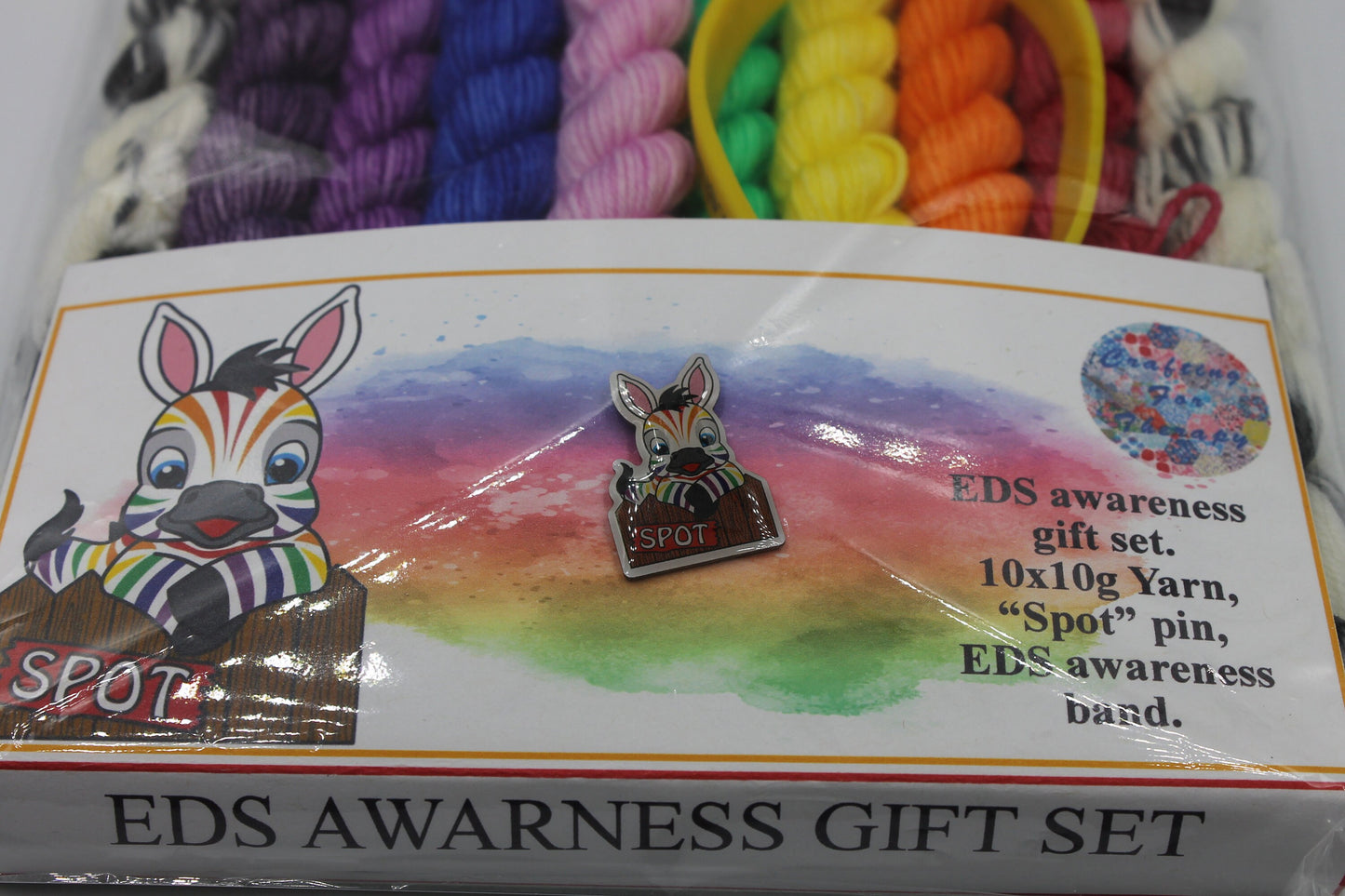 Rainbow Zebra Micro Skein Gift Set Sock 75% SuperWash Merino and 25 Nylon 10 x 10g with Spot The Zebra pin and EDS band