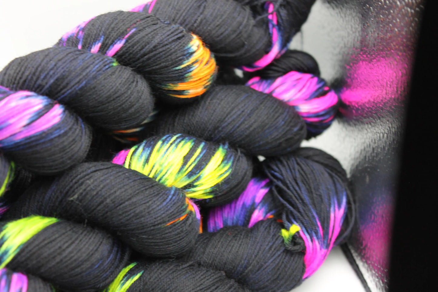 Neon Darkness, Sock Skein 75% SuperWash Merino and 25% Nylon Hand Dyed Yarn 100g