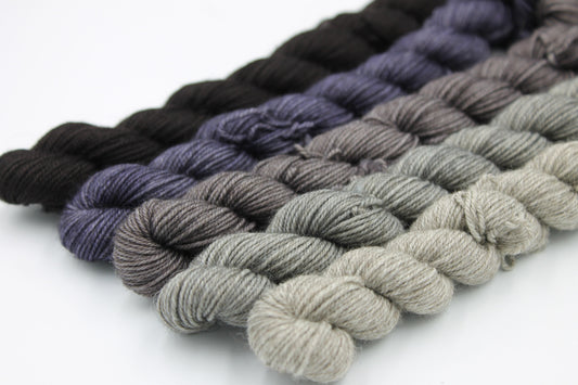 Shades - Grey Mini Skein Set Sock 70% Superwash Merino 20 Yak 10 Nylon 5 x 20g