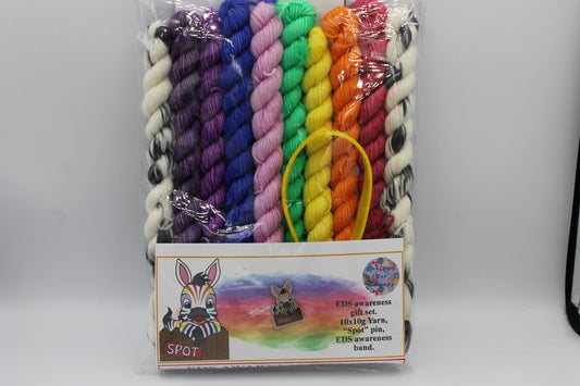 Rainbow Zebra Micro Skein Gift Set Sock 75% SuperWash  Merino and 25 Nylon  10 x 10g with Spot The Zebra pin and EDS band