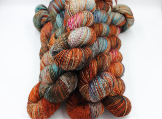 Urban Rust Sock Skein 60% SuperWash Merino 20 silk  and 20 Yak Hand Dyed Yarn