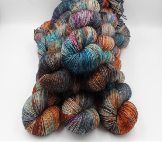 Urban Steel Sock Skein 60% SuperWash Merino 20 silk  and 20 Yak Hand Dyed Yarn
