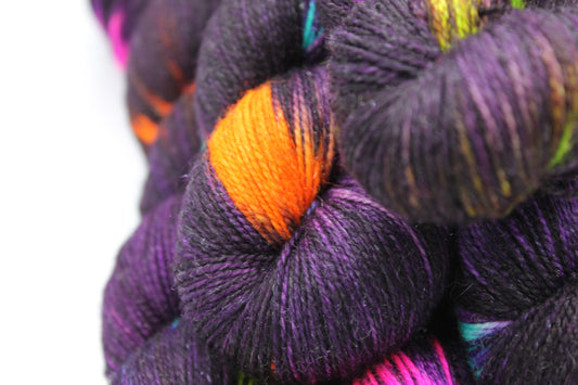 Blackpool Illuminations Sock Yarn Skein with 75% Superwash Merino, 20% Nylon, and 5% Silver Stellina