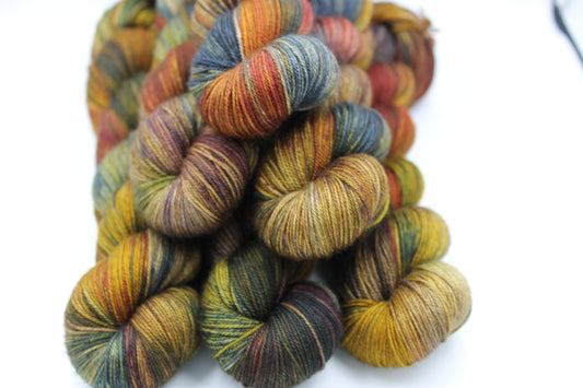 Hundred Acre Wood Hand Dyed Yarn - 60% SuperWash Merino, 20% Silk, 20% Yak Sock Skein