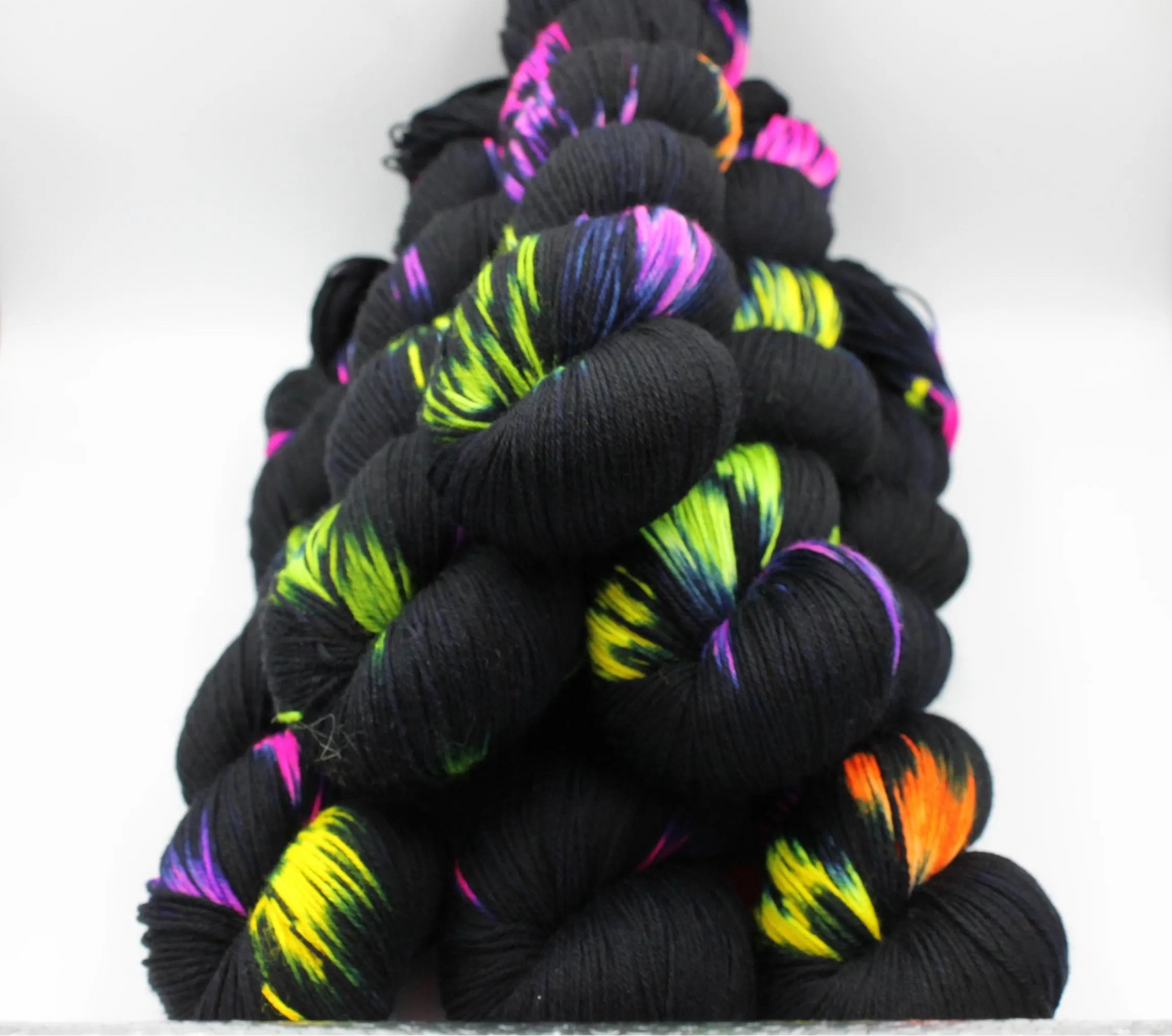 Neon Darkness,  Sock Skein 75% SuperWash Merino and 25% Nylon Hand Dyed Yarn 100g