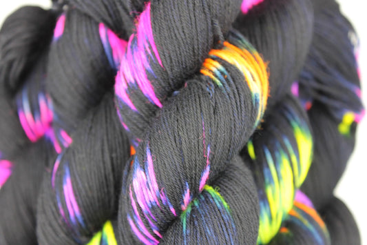 Neon Darkness,  Sock Skein 75% SuperWash Merino and 25% Nylon Hand Dyed Yarn 100g