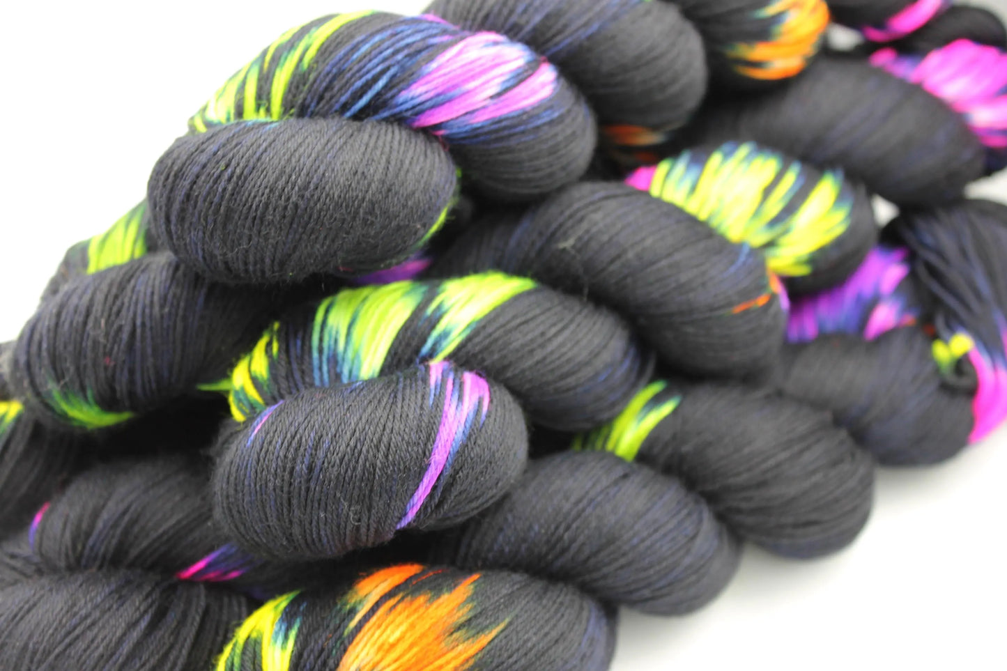 Neon Darkness,  Sock Skein 75% SuperWash Merino and 25% Nylon Hand Dyed Yarn 100g
